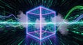 Abstract glowing cube with data streams and waveforms in a digital cyberspace Royalty Free Stock Photo