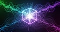 Abstract glowing cube with particle waves background design for wallpaper and tech presentations use 100 Royalty Free Stock Photo