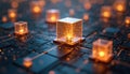 Abstract glowing cubes on electronic circuit board. Digital network connections, data flow, tech innovation, cyberspace concept. Royalty Free Stock Photo