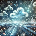 Abstract glowing data cloud network in the sky symbolizing unified digital collaboration