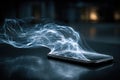 Abstract glowing data stream emanating from a smartphone lying on a flat surface. Royalty Free Stock Photo