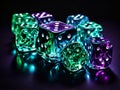 abstract glowing Dices Reflection on Black Background Green Blue Purple Dice Royalty Free Stock Photo