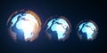 Abstract glowing digital blue globe hologram on dark backdrop. Digital world, global hacking protection and hud concept. 3D