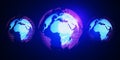 Abstract glowing digital blue globe hologram on dark background. Digital world, global hacking protection and hud concept. 3D