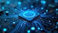 Abstract glowing digital circuit board with central processor. Blue light energy flows through intricate pathways on dark Royalty Free Stock Photo