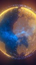 Abstract glowing digital globe with blue and golden dots symbolizing global data connection and technology Royalty Free Stock Photo