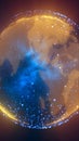 Abstract glowing digital globe with blue and golden dots symbolizing global data connection and technology Royalty Free Stock Photo