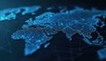 Abstract glowing digital map of Earth with connected points shows global network. Blue continents on dark background form Royalty Free Stock Photo