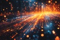 Abstract glowing digital network with orange and blue light particles, data stream visualization, futuristic technology background Royalty Free Stock Photo