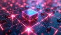 Abstract glowing digital symbols form circuit board. Futuristic tech theme represents coding, programming, software development. Royalty Free Stock Photo