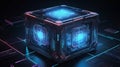 abstract glowing energy box. Smart code. Big data. Digital chip. 3D cubes. CPU core. Abstract technology. Futuristic hi tech .