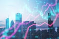 Abstract glowing forex index chart with grid on blurry toned city backdrop. Market, finance and online trading concept. Double Royalty Free Stock Photo