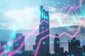 Abstract glowing forex index chart with grid on blurry toned city background. Market, finance and online trading concept. Double Royalty Free Stock Photo