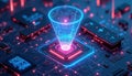 Abstract glowing funnel projects data from central processor. Circuit board and microchips illuminated by neon blue and pink Royalty Free Stock Photo