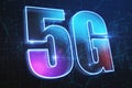 Abstract glowing 5G hologram on dark background. Wireless infomation and future technology concept. 3D Rendering