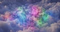 Abstract glowing geometric network structure floating within ethereal clouds Royalty Free Stock Photo