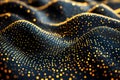 Abstract glowing golden dots forming undulating wave patterns on a dark textured surface, creating a futuristic and Royalty Free Stock Photo