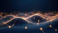 Abstract glowing golden network connections span across deep blue wavy textured forms. Bright shimmering particles create dynamic Royalty Free Stock Photo