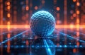 Abstract glowing golf ball with dimples floats on digital data grid. Futuristic network lines and bokeh lights create tech Royalty Free Stock Photo