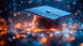 Abstract glowing graduation cap on digital sparkles, symbolizing academic success, technology, and future learning Royalty Free Stock Photo