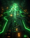 Abstract Glowing Green Circuit Board Pattern With Orange Lights In Dark Background Royalty Free Stock Photo