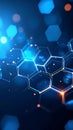 Abstract glowing hexagonal network structure with bokeh lights and data points Royalty Free Stock Photo