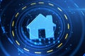 Abstract glowing house icon on blue landing page backdrop. Smart home and innovation concept. Royalty Free Stock Photo