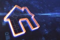 Abstract glowing house icon on blurry background with circles. Smart home and remote control concept. Royalty Free Stock Photo