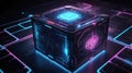 abstract glowing HUD energy box. Smart code. Big data. Digital chip. 3D cubes. CPU core. Abstract technology. Futuristic hi tech