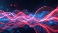 Abstract glowing light waves flow over dark water surface. Digital data streams appear as luminous particles creating wavy lines. Royalty Free Stock Photo
