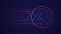 Abstract glowing neon colored soccer ball over blue background