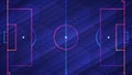 Abstract glowing neon colored soccer field over blue background