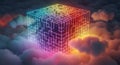 Abstract glowing neon cube structure floating in colorful clouds at night Royalty Free Stock Photo