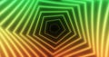 Abstract glowing neon pentagons swirling green and yellow lines energy futuristi