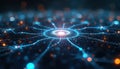 Abstract glowing network of digital particles and lines connect to central bright point. Data flow and connections visualize Royalty Free Stock Photo