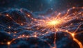 Abstract glowing network of orange lights spreading across dark blue terrain. Cosmic web structure of universe with many bright Royalty Free Stock Photo