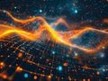 Abstract glowing orange and blue grid waves with scattered particles representing data flow and digital energy Royalty Free Stock Photo