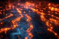 Abstract glowing orange circuit board pathways, illustrating advanced technology and data processing. Royalty Free Stock Photo
