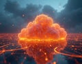 Abstract glowing orange cloud formation floats above network grid. Digital data streams pulse with light beneath stormy sky. Royalty Free Stock Photo