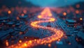 Abstract glowing orange line traces path over digital circuit board with bokeh lights. Represents tech progress data flow, Royalty Free Stock Photo