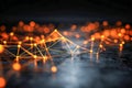 Abstract glowing orange network connections with nodes and lines on reflective dark surface representing technology and digital Royalty Free Stock Photo