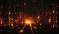 Abstract glowing particles in dark space, vibrant orange lights create a mesmerizing effect, resembling digital data
