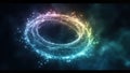 Abstract glowing particles forming a circular shape against a dark blue space background Royalty Free Stock Photo