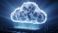 Abstract glowing polygonal cloud computing symbol hovers over a vast digital data center infrastructure network Royalty Free Stock Photo