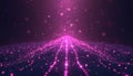 Abstract glowing purple particles flow forward creating digital network waves. Futuristic background with bokeh lights and data Royalty Free Stock Photo