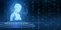 Abstract glowing robot hologram with globe. Artificial intelligence, machine learning and chat gpt concept.