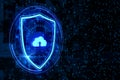 Abstract glowing shield with cloud icon on dark binary code background with mock up place. Cloud computing and safety concept. 3D Royalty Free Stock Photo
