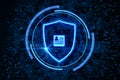 Abstract glowing shield with document icon on dark binary code background. Digital transformation and security concept. 3D Royalty Free Stock Photo