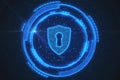 Abstract glowing shield with lock on blue background. Antivirus and protection concept.