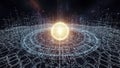 Abstract glowing sphere with digital circuit grid representing quantum computing and advanced technology Royalty Free Stock Photo